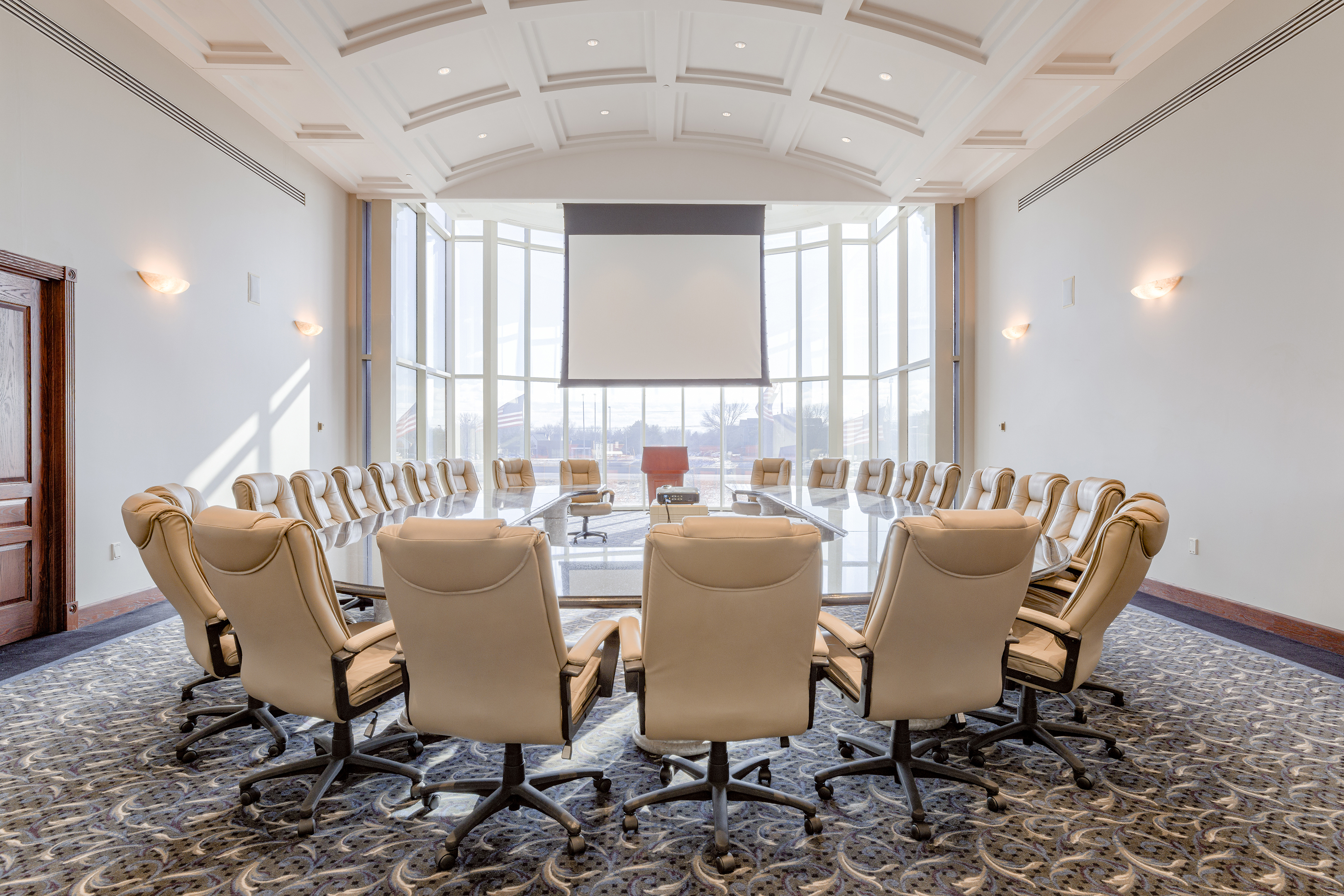 The executive board room, available for lease within the Millennium Plaza building in Omaha, NE.