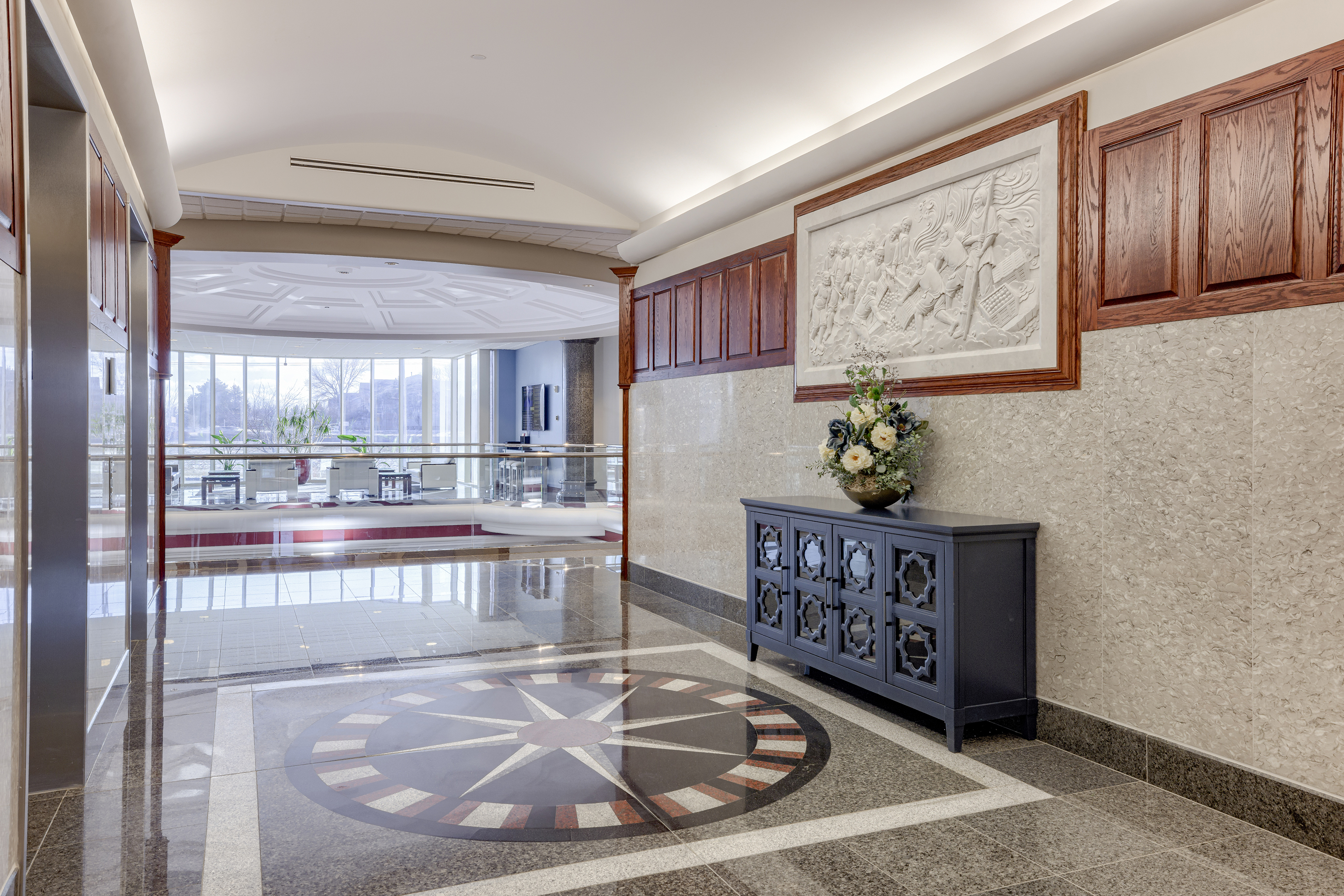 An elevator lobby within the Millennium Plaza building in Omaha, Nebraska.