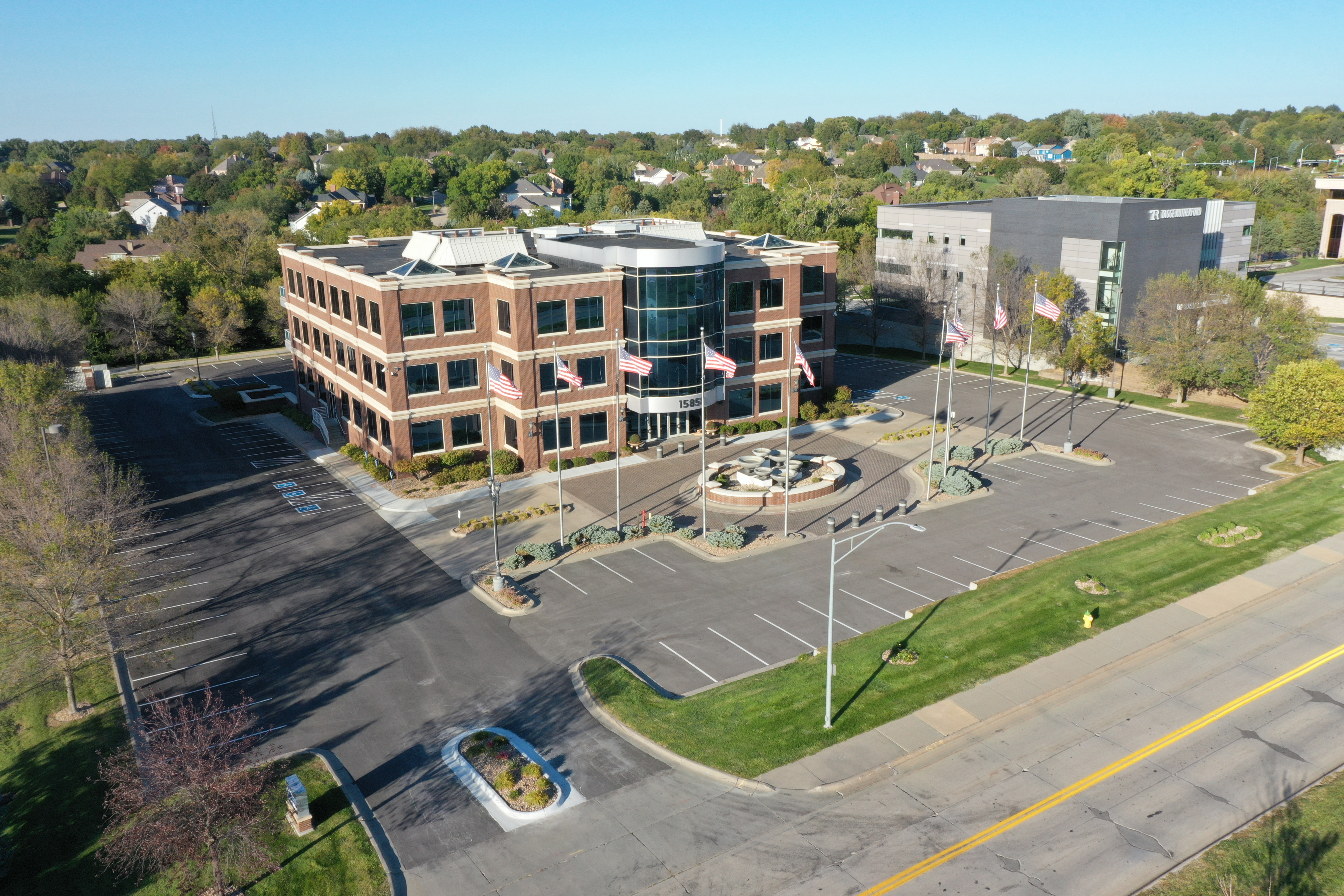 Aerial view of the Millennium Plaza building in West Omaha.